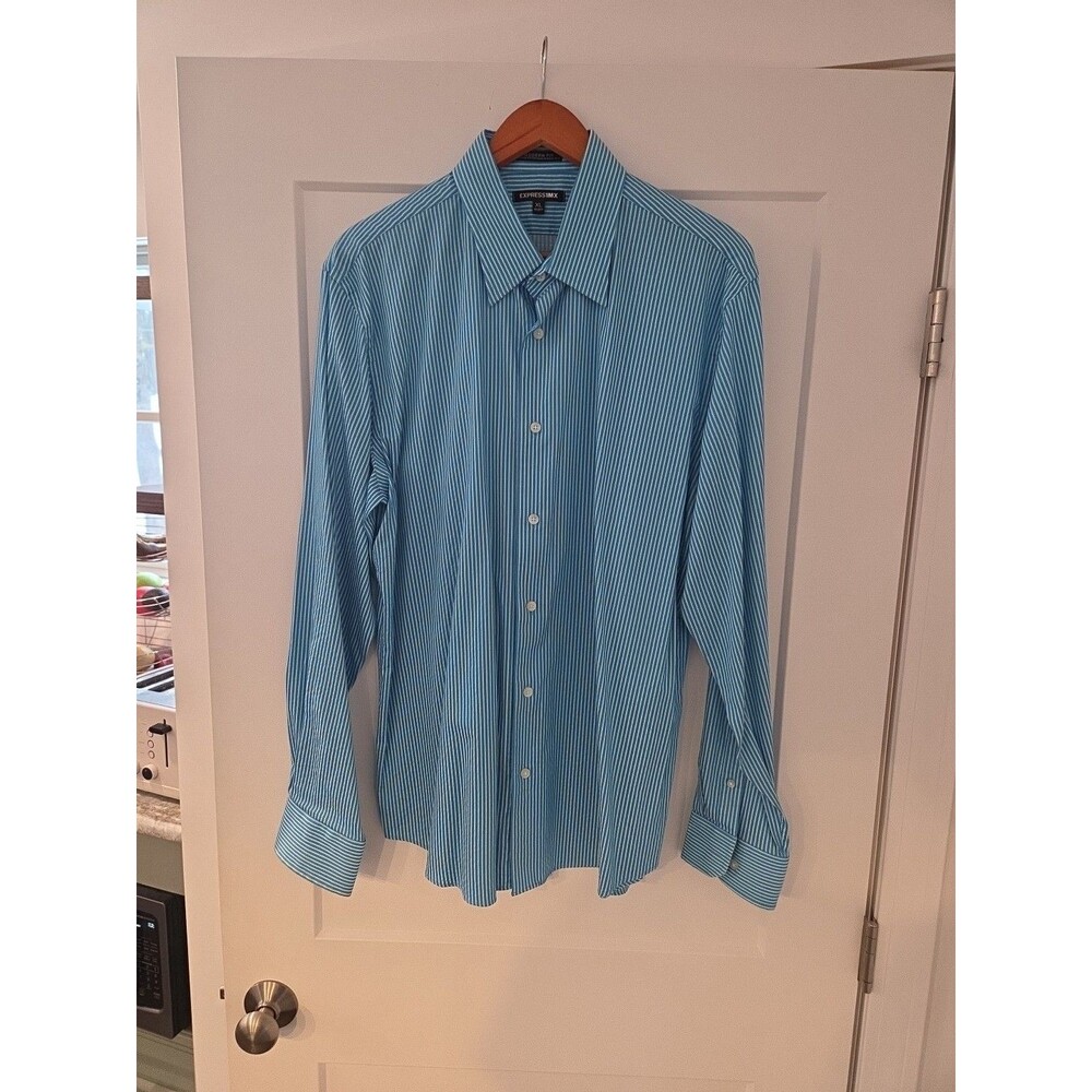 #63 Express 1MX Men Dress Shirt Modern Fit XL Extra Large Size(17-17 1/2) blu/wh